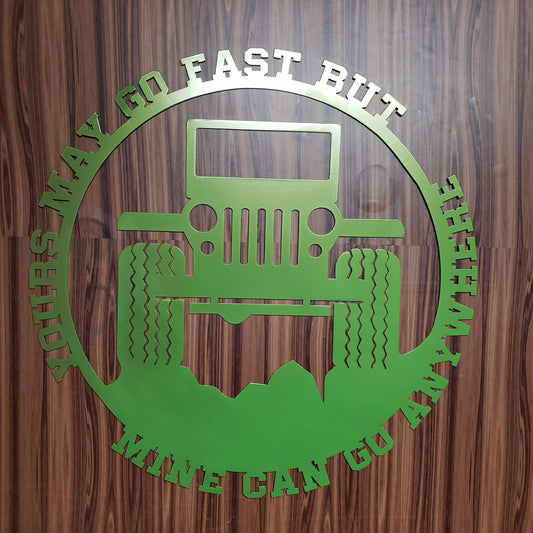 Jeep “Yours May Go Fast, But Mine Can Go Anywhere” Metal Wall Art – Offroad 4x4 Hill Climb Sign 16x16