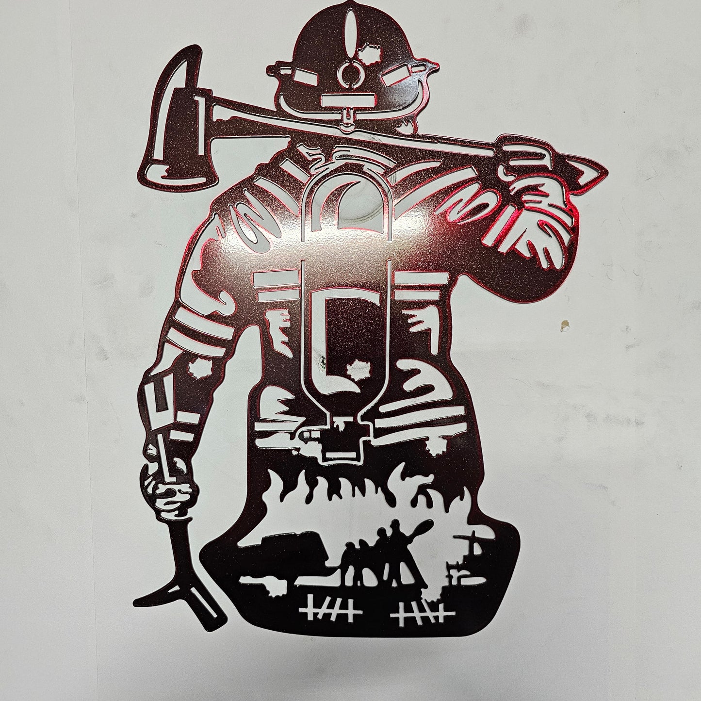 Firefighter Wall Art | 14 Gauge Powder Coated Steel | Metallic Red Fireman Decor | 18"x14" | Unique Firefighter Gift
