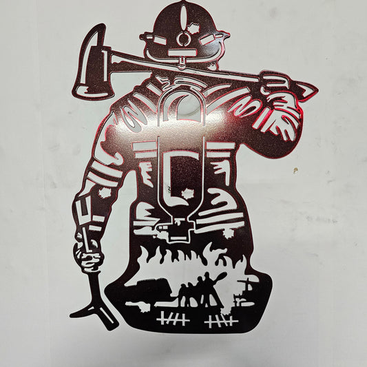 Firefighter Wall Art | 14 Gauge Powder Coated Steel | Metallic Red Fireman Decor | 18"x14" | Unique Firefighter Gift
